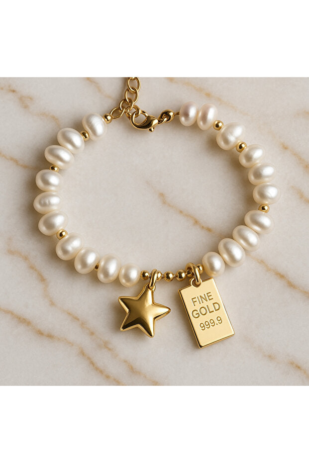 WRISTTE KADIN GOLD YILDIZ KÜLÇE UÇ SALLANTILI İNCİ BİLEKLİK